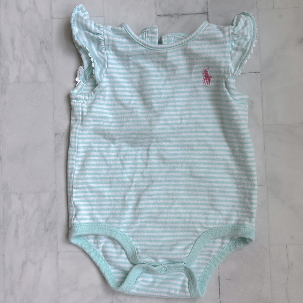 Ralph Lauren Aqua Striped Flutter Sleeve Bodysuit for Baby Girls